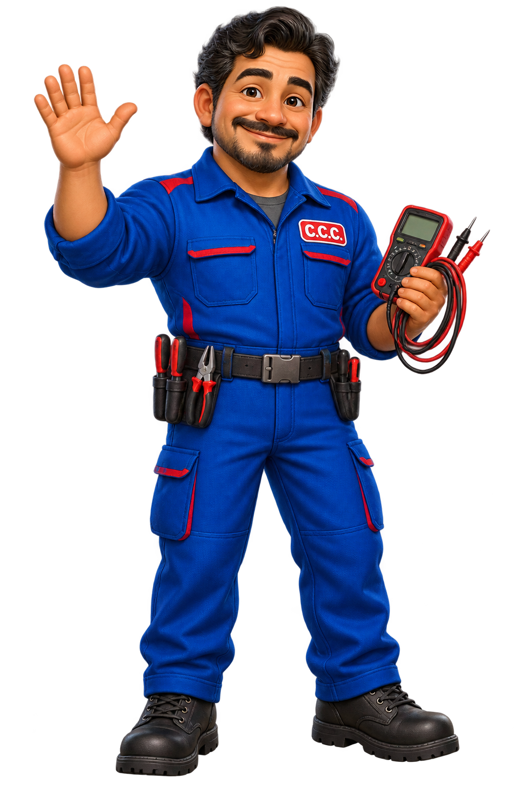 The friendly C.C.C. Auto Electric mechanic mascot waves hello